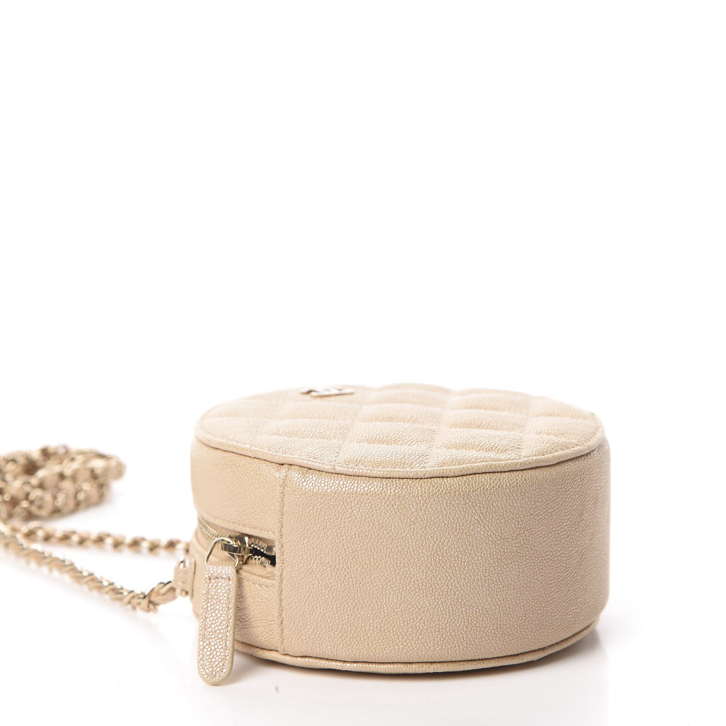 Iridescent Caviar Quilted Round Clutch With Chain Beige