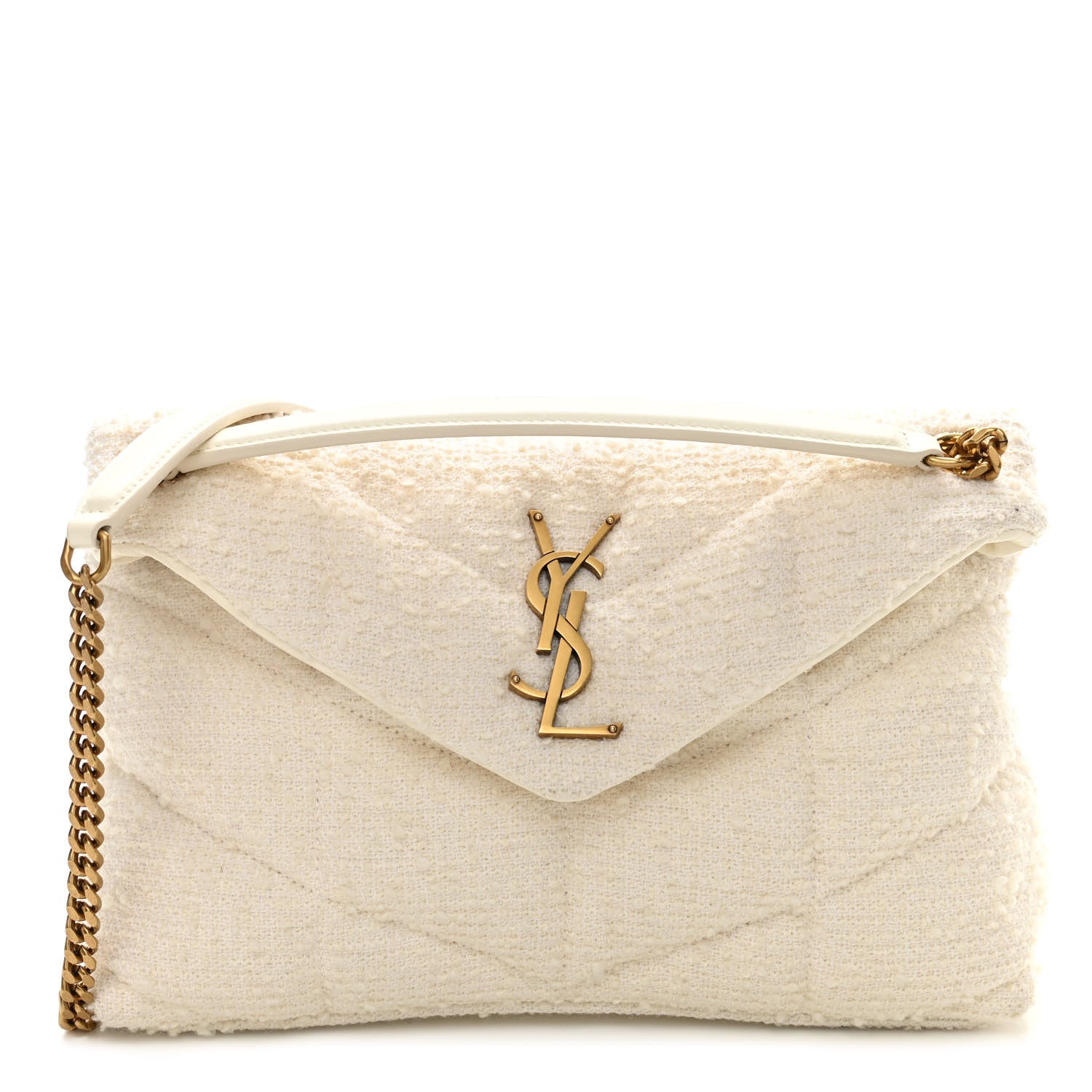 Saint Laurent Boucle Tweed Quilted Small Loulou Puffer Monogram Chain Satchel Crema Soft 1 of 10