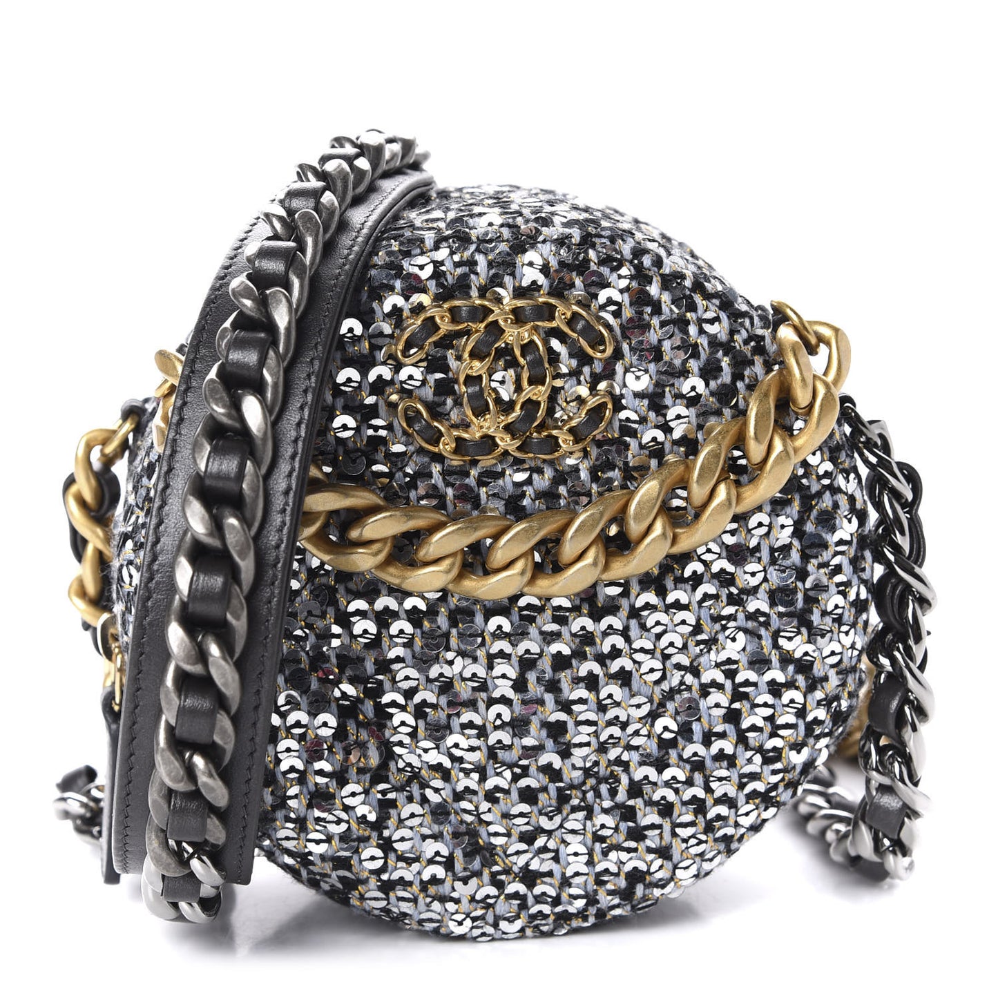 Sequin 19 Round Clutch With Chain Silver Black