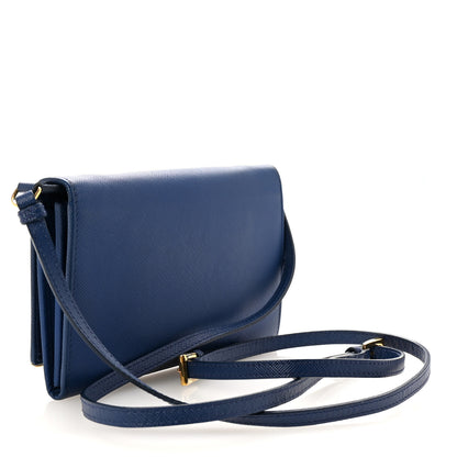 Prada Saffiano Metal Bar Flap Wallet with Strap Bleuette 3 of 9