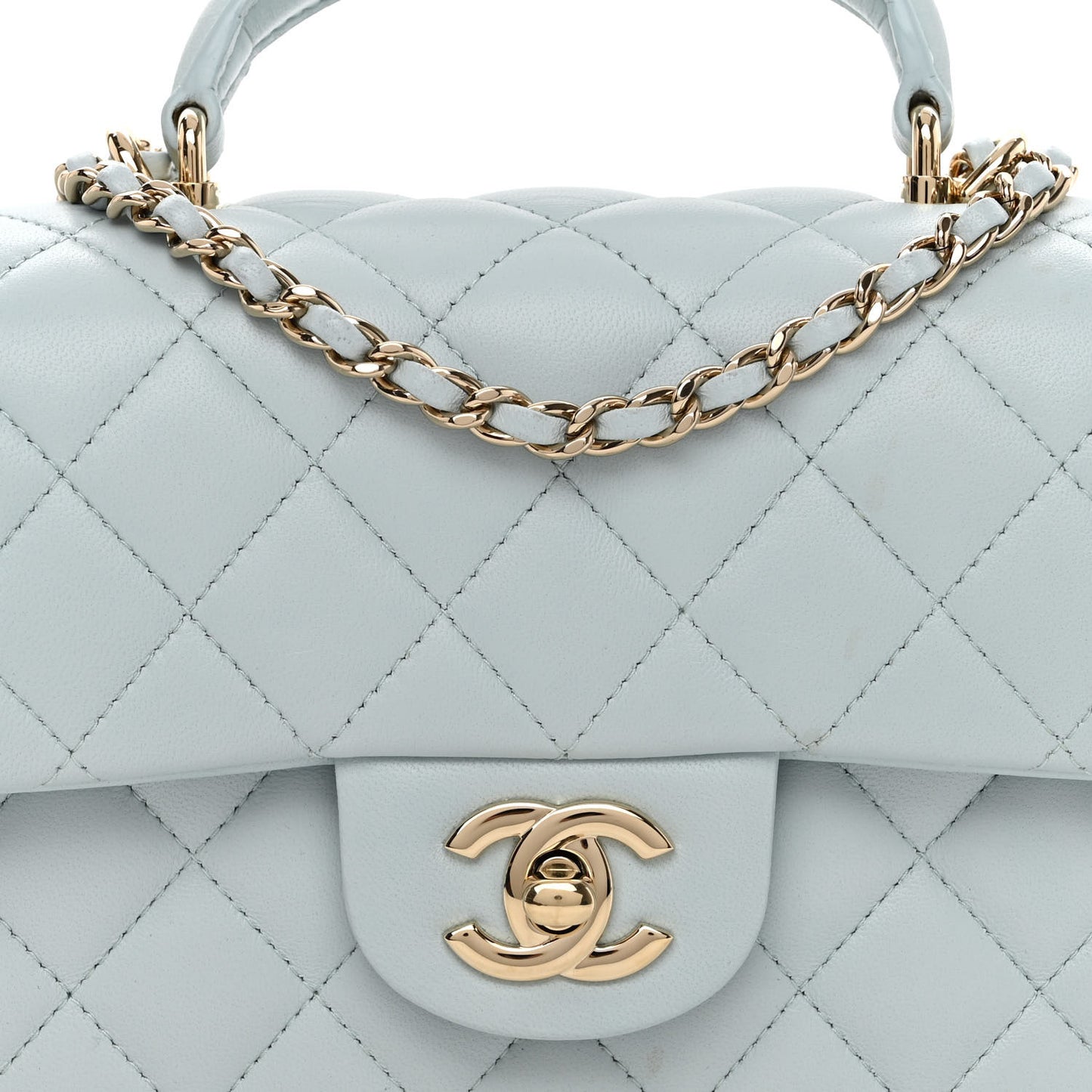 Lambskin Quilted Mini Top Handle Rectangular Flap Light Blue