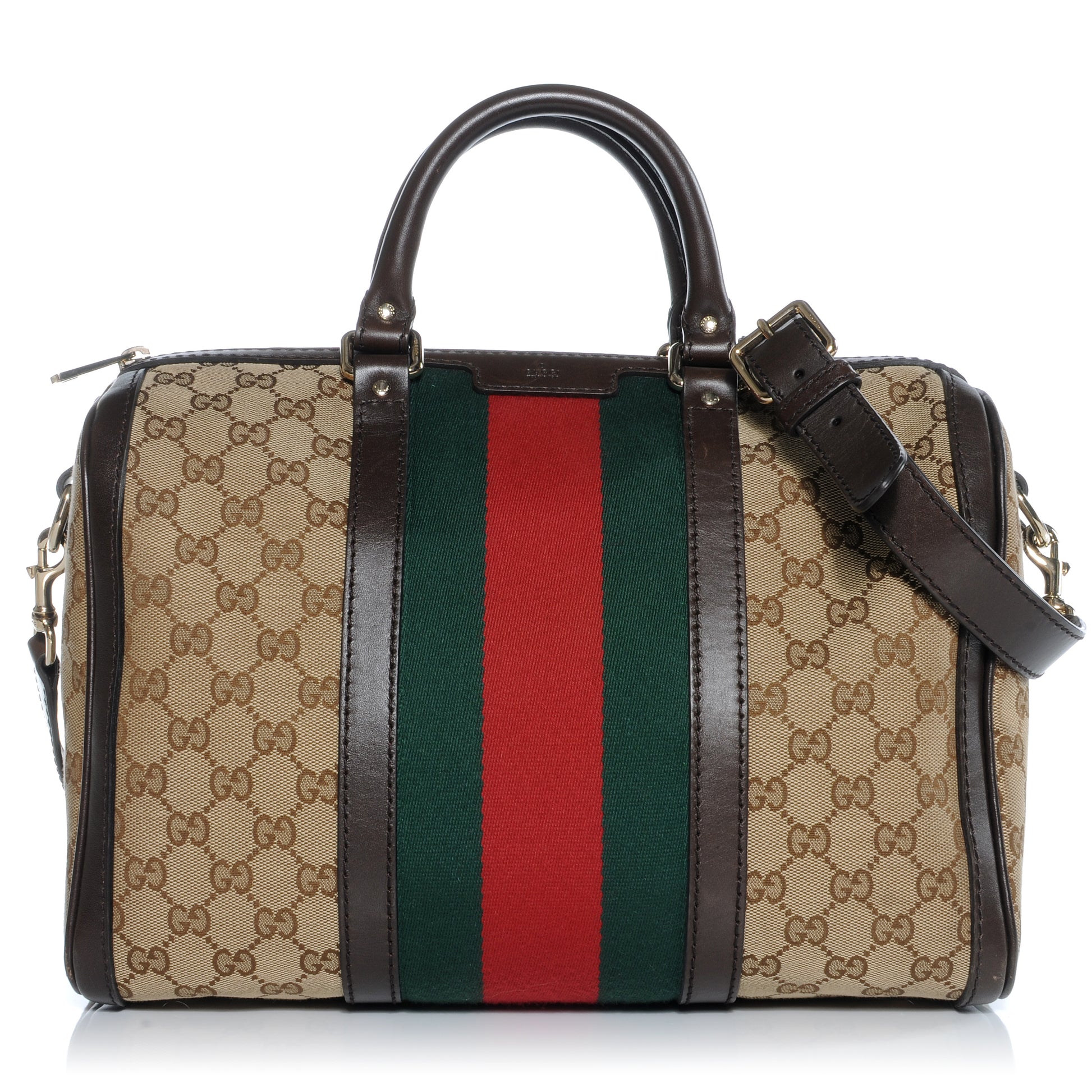 Gucci Monogram Selleria Calfskin Vintage Web Medium Boston Beige Ebony Cocoa 1 of 9