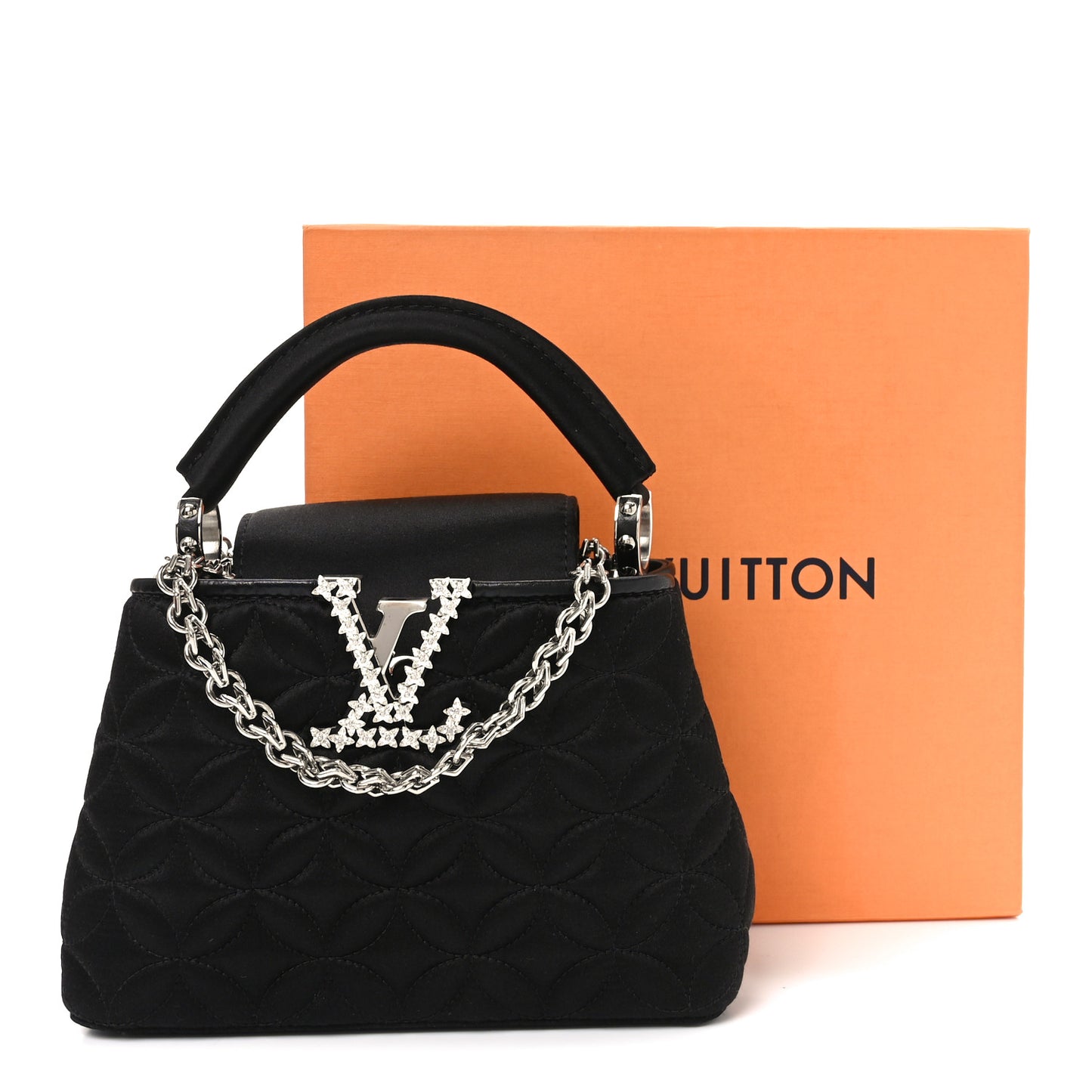Satin Quilted Flower Crystal Mini Capucines Black