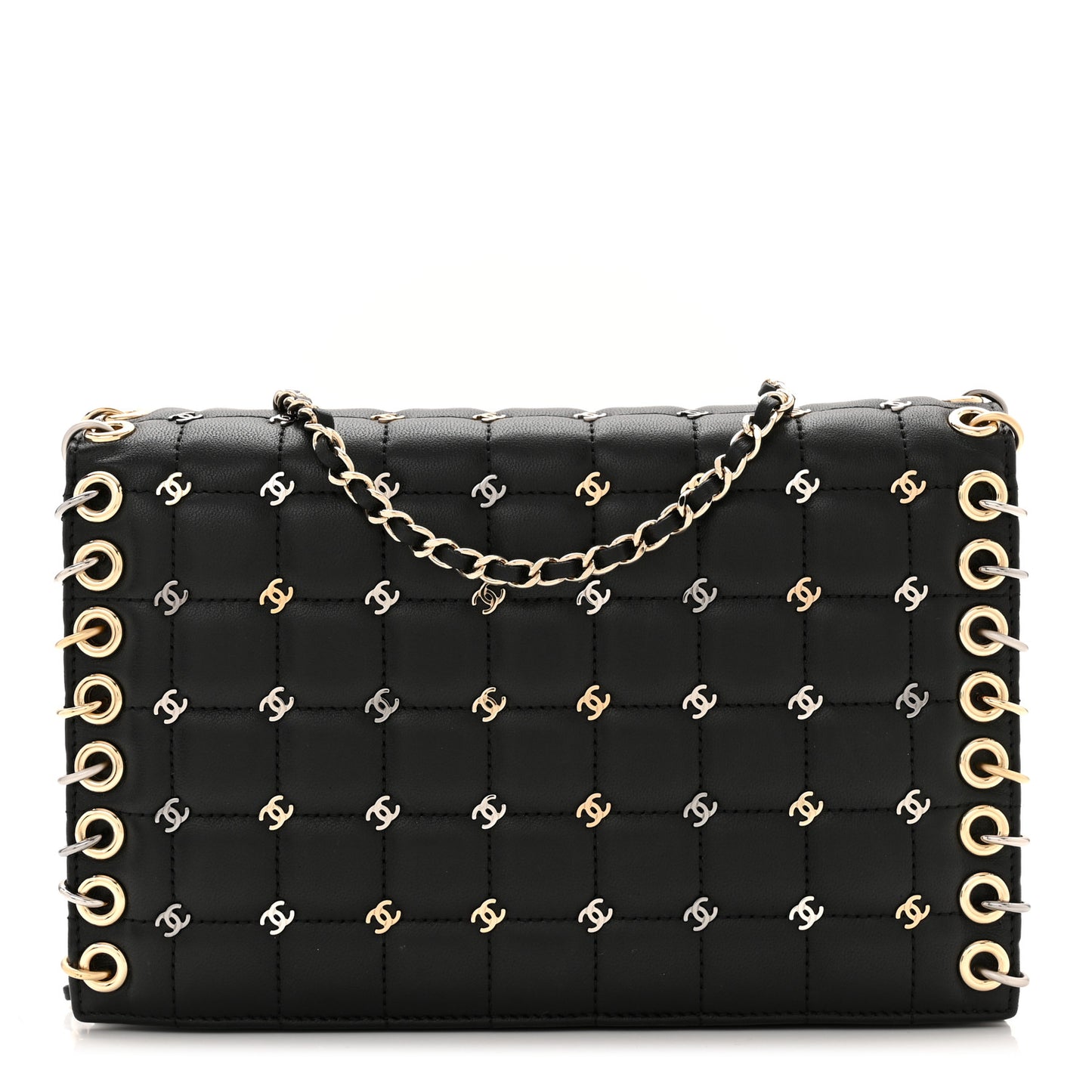 Lambskin Chocolate Bar Piercing CC Studded Small Chain Flap Bag Black