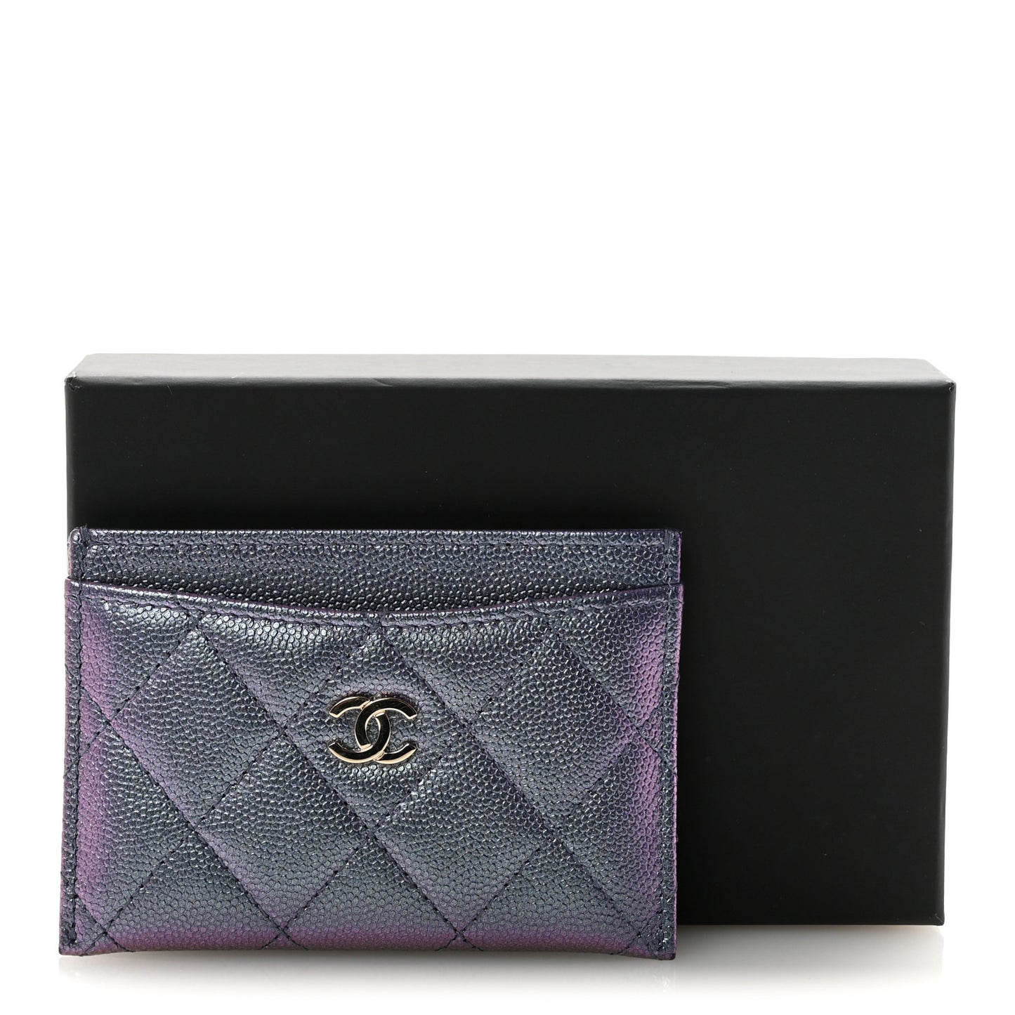Iridescent Caviar Quilted Card Holder Dark Blue