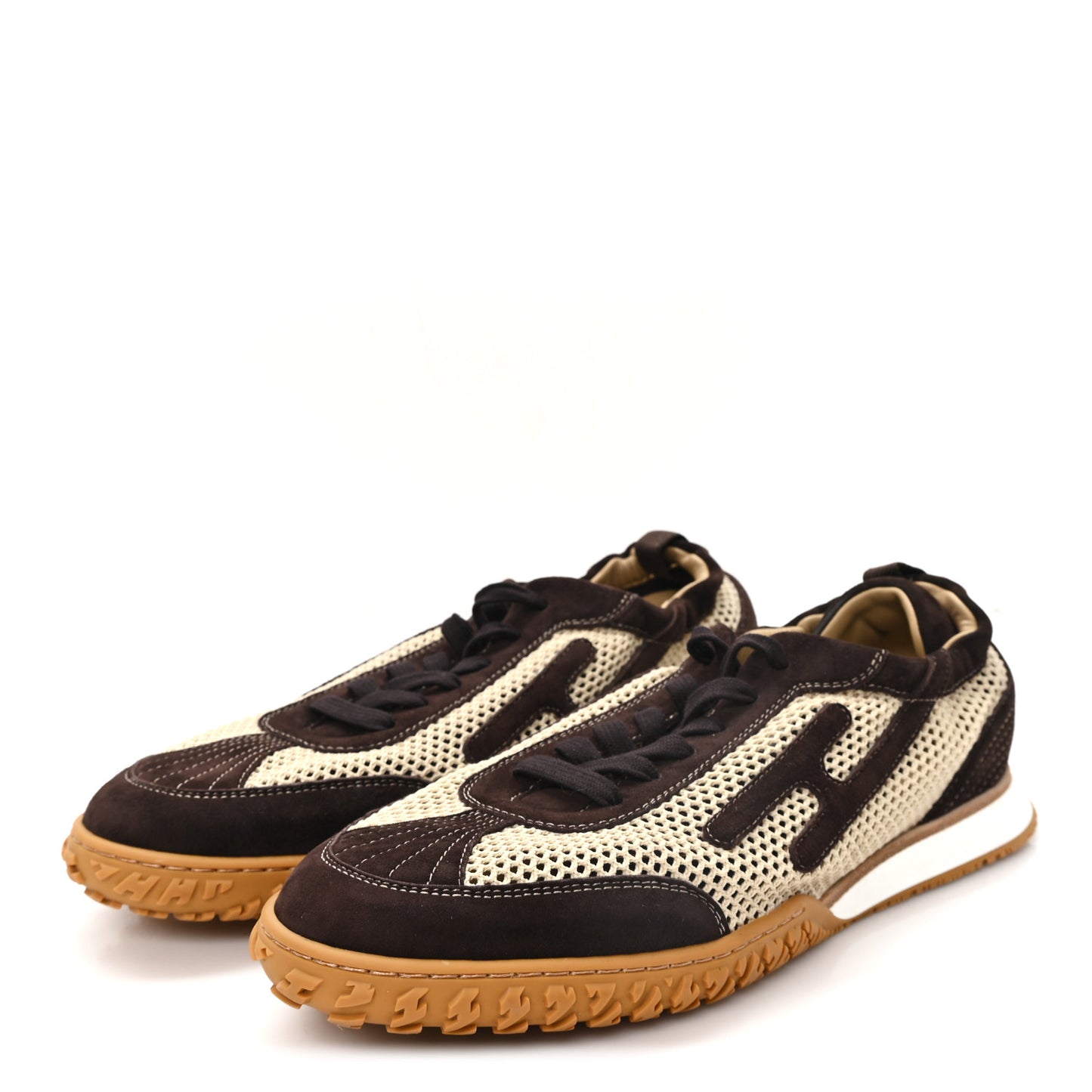 Crochet Knit Suede Goatskin Mens Jet Sneakers 44.5 Beige Lin Marron Ebene
