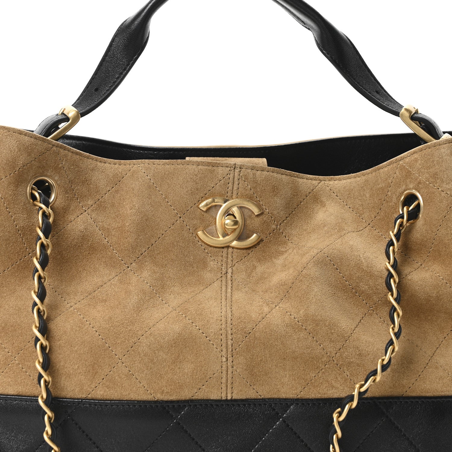 Chanel Suede Calfskin Shiny Lambskin Quilted Small Coco Base Shopping Bag Beige Black 8 of 11