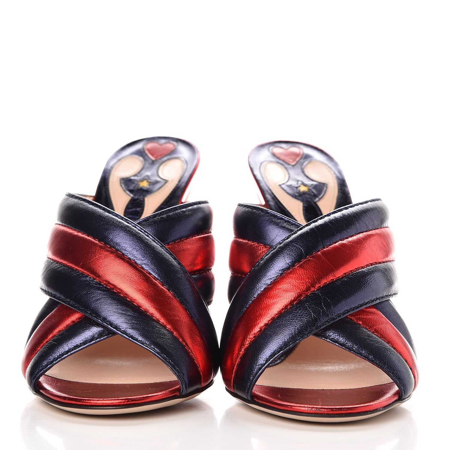 Gucci Metallic Nappa Webby Crossover High Heel Slide Sandals 37.5 Night Flame Red 2 of 10