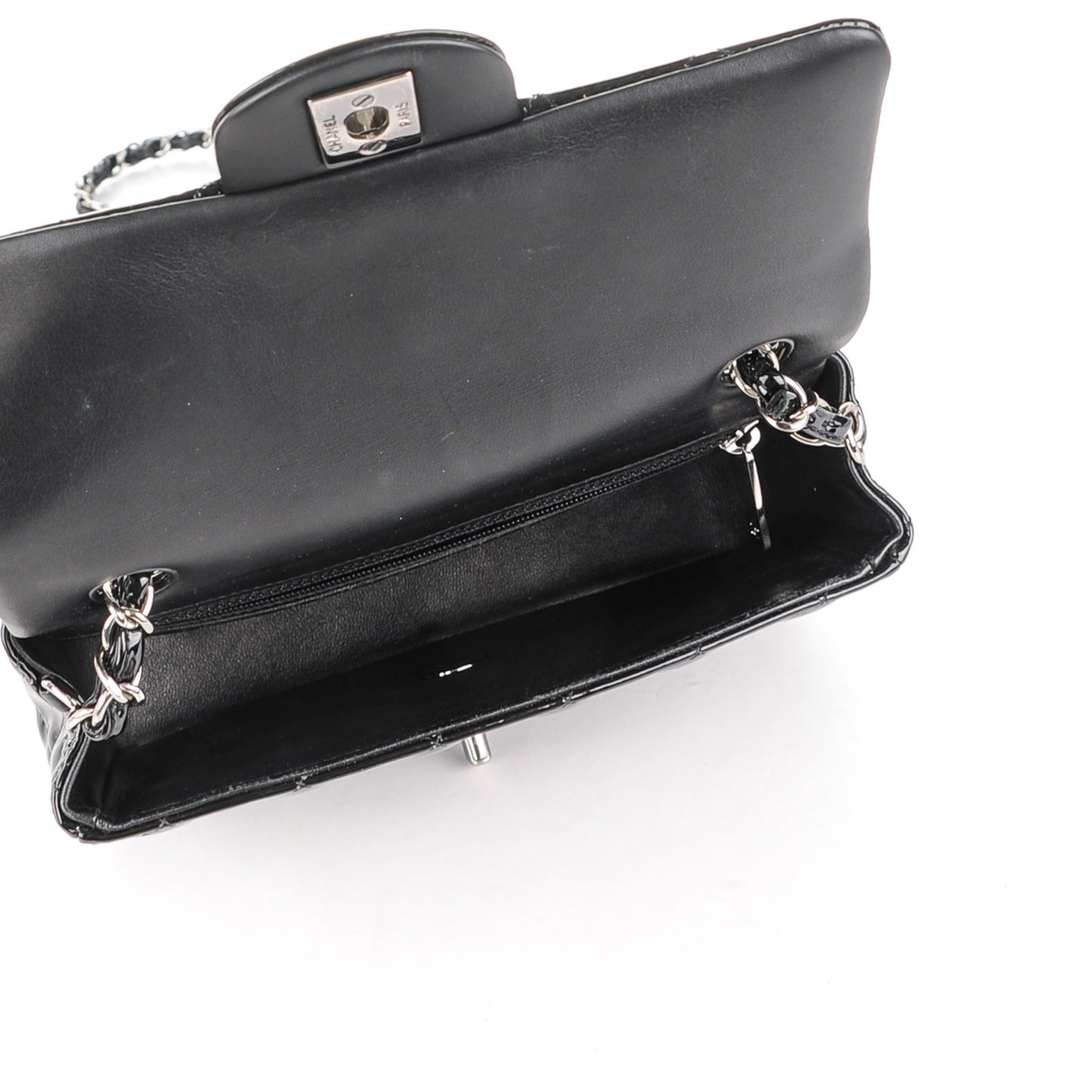 Patent Calfskin Quilted Mini Rectangular Flap Black