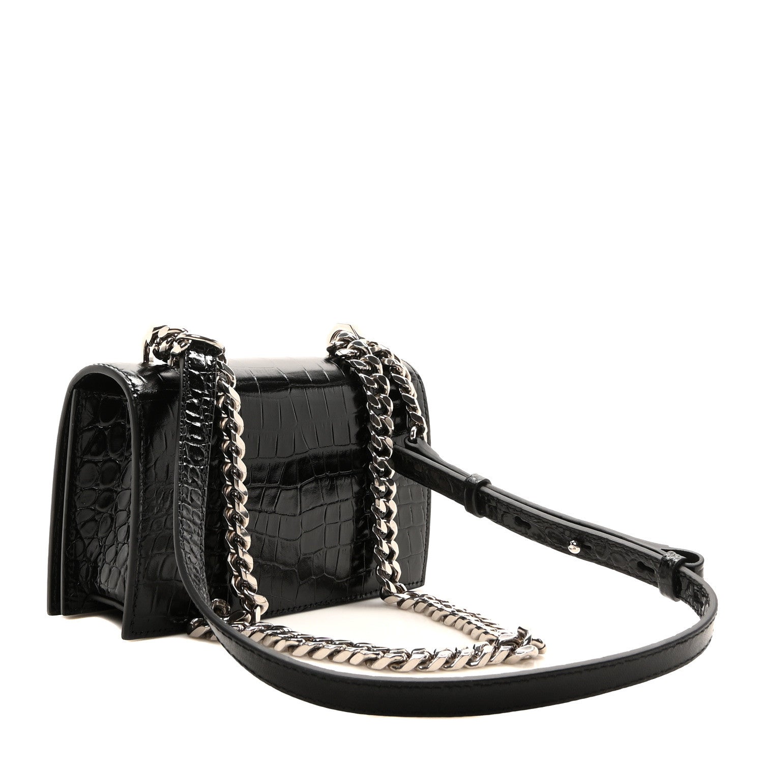 Alexander McQueen Calfskin Shiny Crocodile Embossed Jeweled Satchel Black 3 of 10