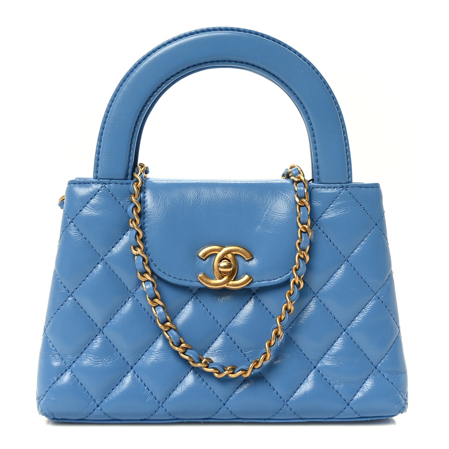Shiny Aged Calfskin Quilted Nano Kelly Shopper Blue