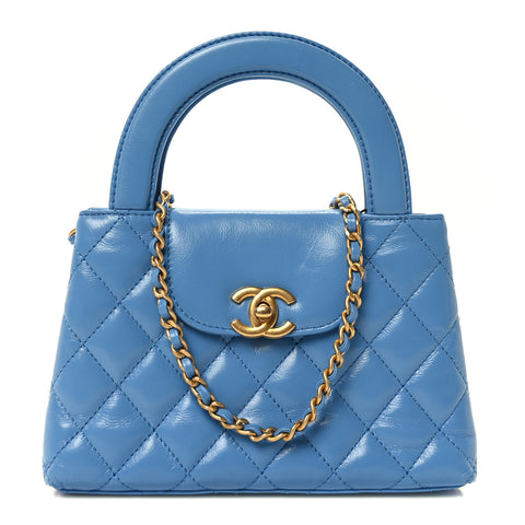 Shiny Aged Calfskin Quilted Nano Kelly Shopper Blue