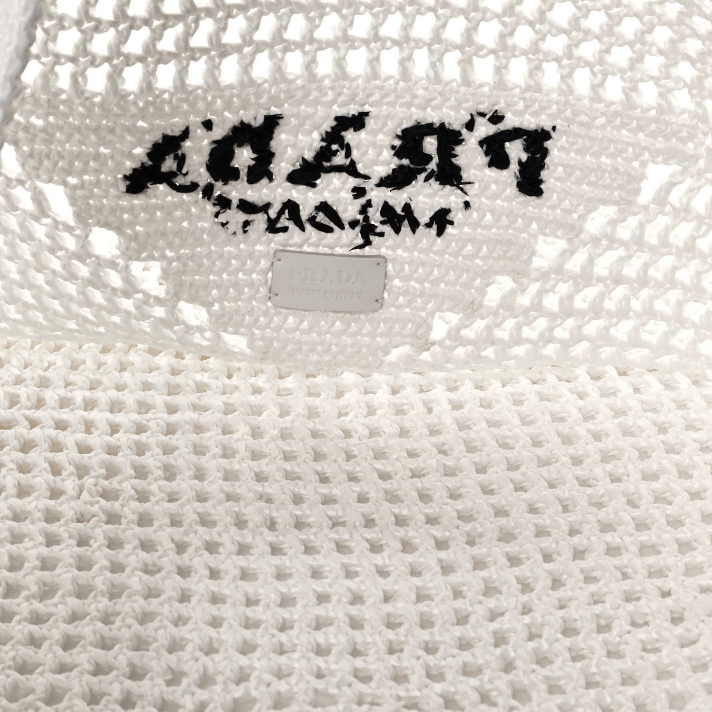 Yarn Raffia Effect Crochet Logo Embroidered Shopping Tote Bag White