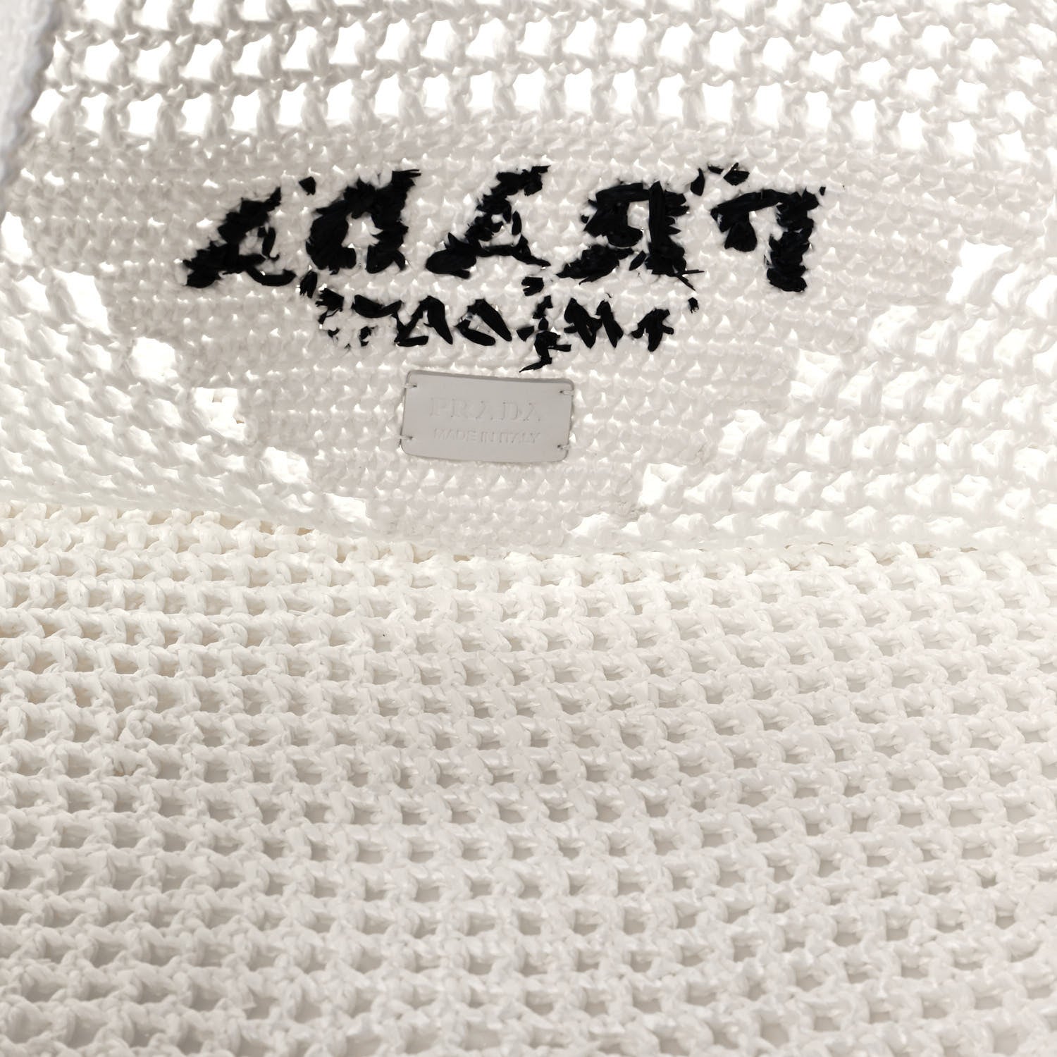 Prada Yarn Raffia Effect Crochet Logo Embroidered Shopping Tote Bag White 5 of 11