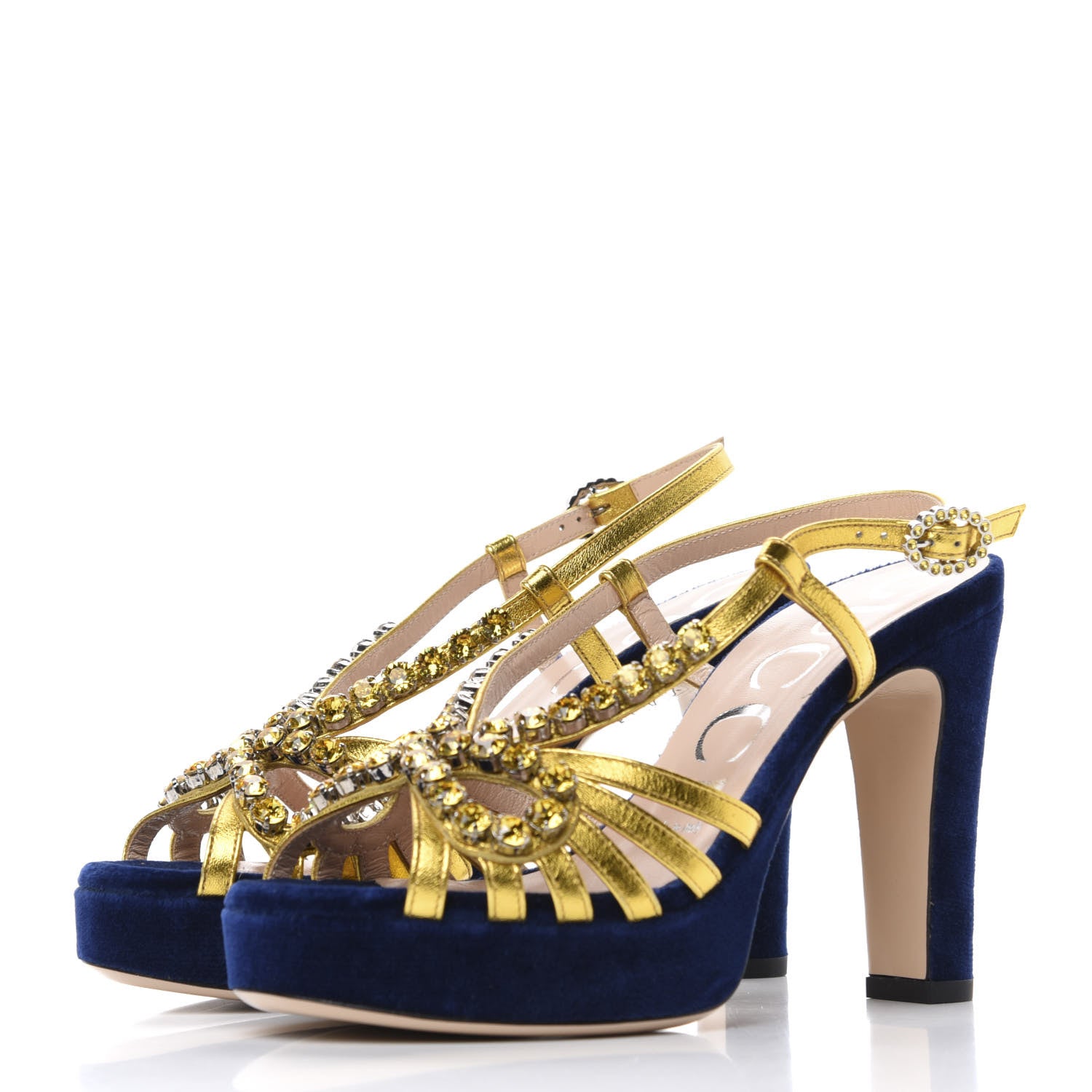 Gucci Velvet Nappa Crystal Zephyra Slingback Platform High Heel Sandals 35.5 Blue Gold 2 of 10