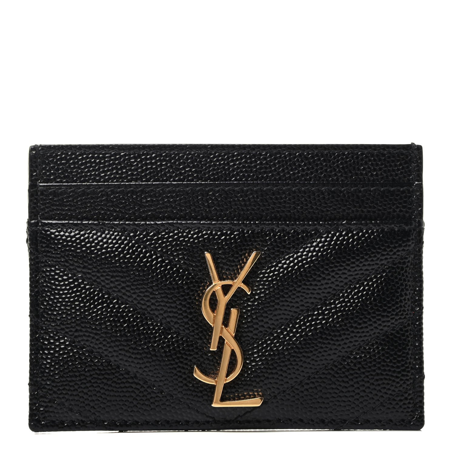 Saint Laurent Grain De Poudre Matelasse Chevron Monogram Credit Card Case Black 1 of 3