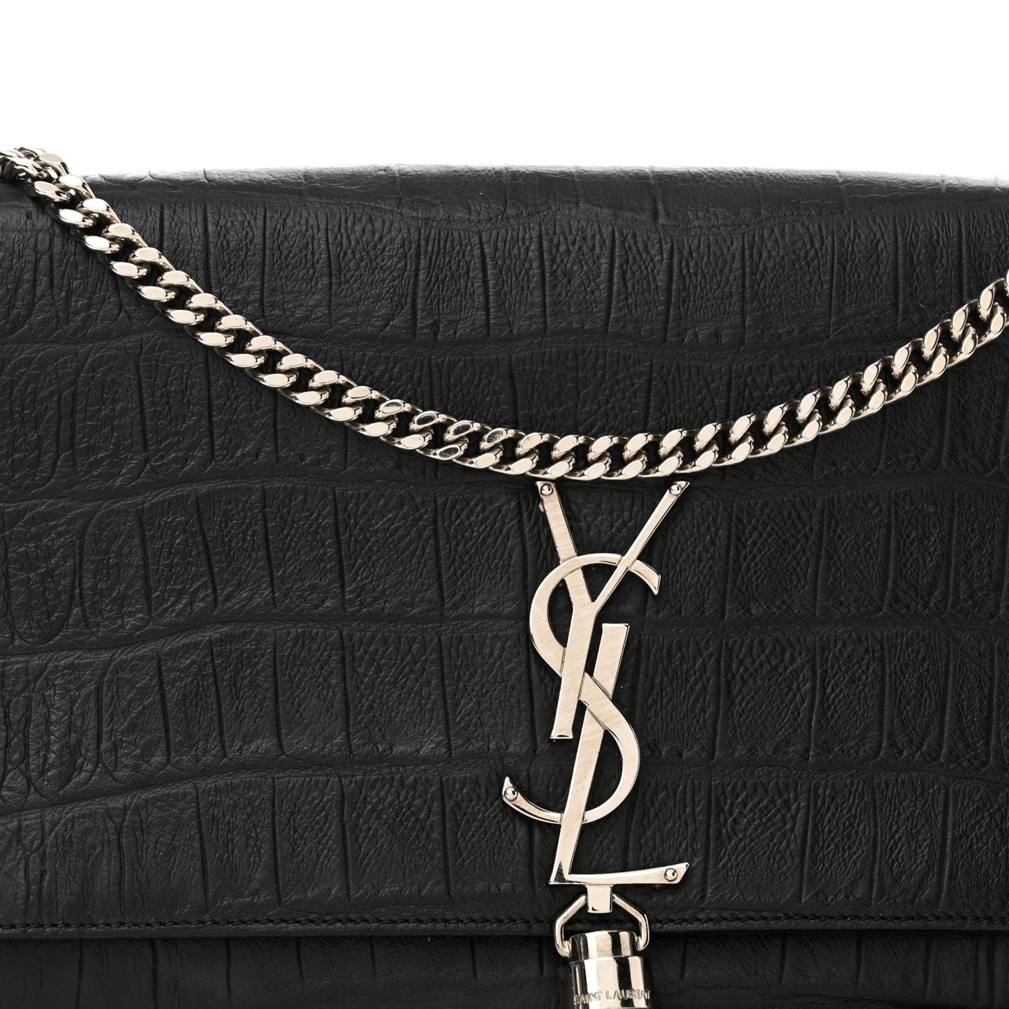 Calfskin Crocodile Embossed Medium Classic Monogram Kate Tassel Satchel Black