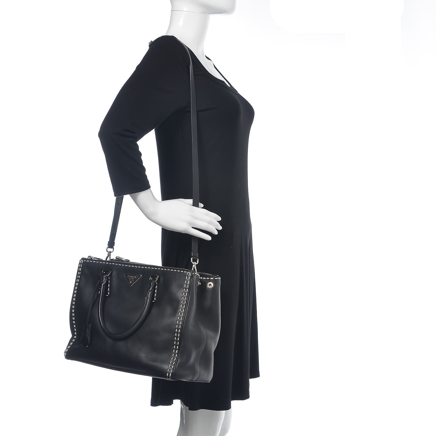 Prada City Calf Hand Stitched Medium Galleria Double Zip Tote Black 2 of 19