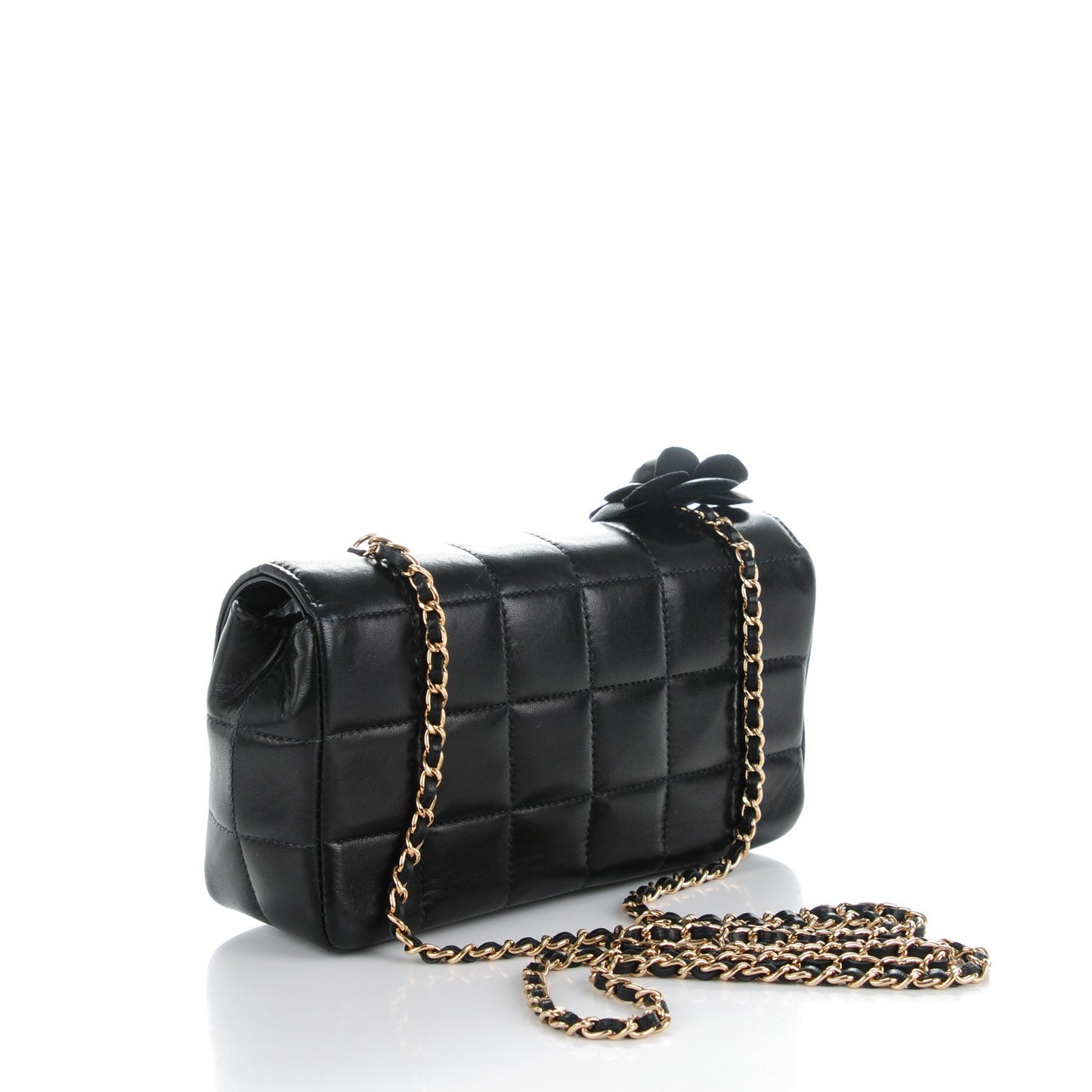 Lambskin Quilted Mini Chocolate Bar Camellia Flap Black