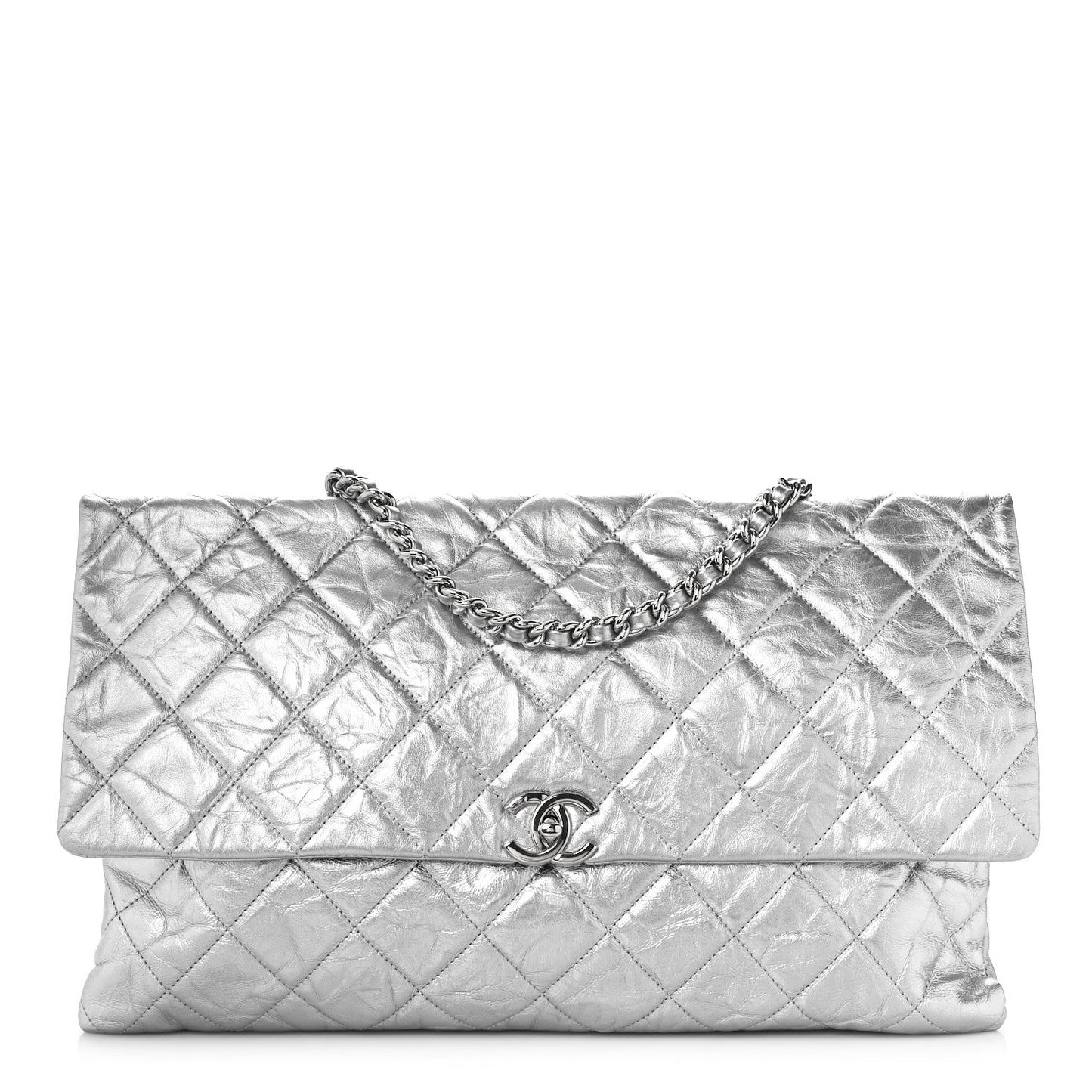 Metallic Crumpled Calfskin Big Bang Large Flap Bag Silver
