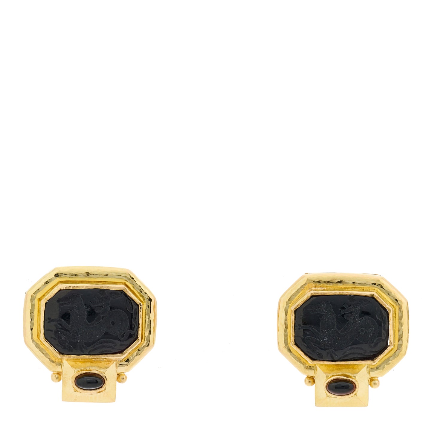 18K Yellow Gold Venetian Glass Black Onyx Cherub Seahorse Intaglio Earrings