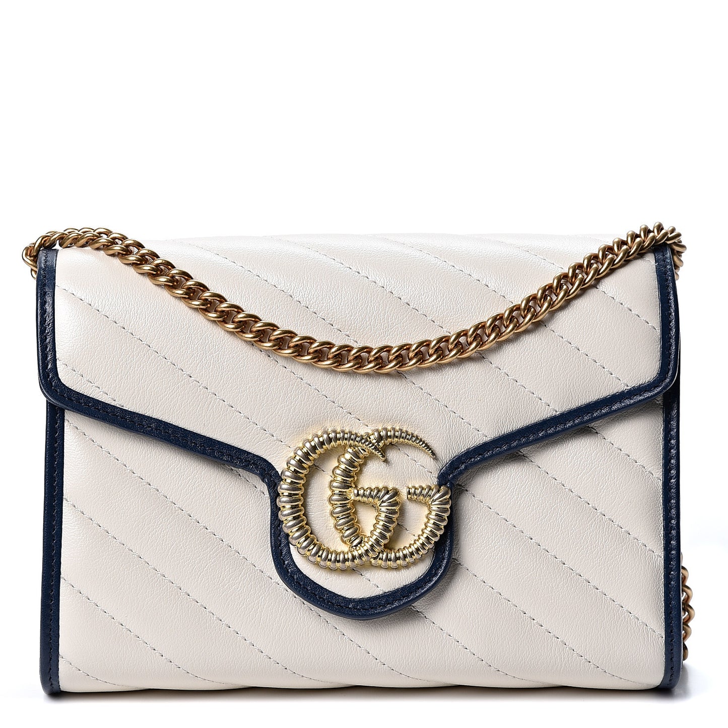 Vintage Effect Calfskin Matelasse Diagonal Torchon GG Marmont Chain Wallet Mystic White Blue Agata