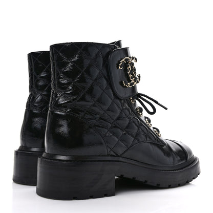 Chanel Shiny Calfskin Quilted Lace Up Combat Boots 38.5 Black 4 of 8