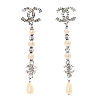 Chanel Pearl Crystal CC Chain Drop Earrings Silver 1 of 6