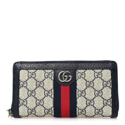 Gucci GG Supreme Monogram Textured Dollar Calfskin Web Ophidia Zip Around Wallet Beige Blue 1 of 8