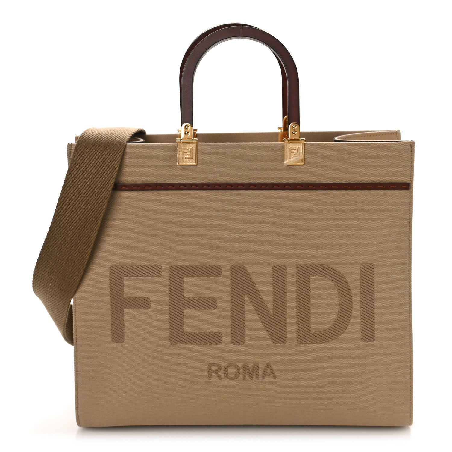 Fendi Canvas Vitello King Logo Embroidered Medium Fendi Sunshine Shopper Tote Sand Ghianda 1 of 8