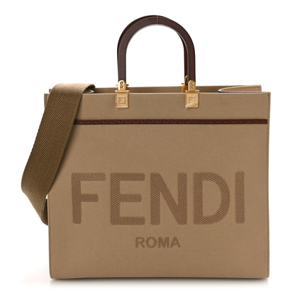 Fendi Canvas Vitello King Logo Embroidered Medium Fendi Sunshine Shopper Tote Sand Ghianda 1 of 8