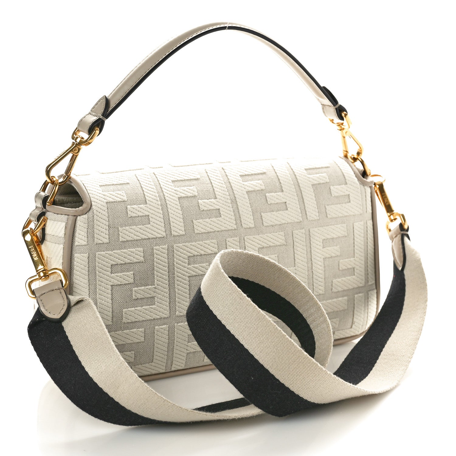 Fendi Canvas Vitello King FF Embroidered Baguette Grezzo White Nuvola 2 of 9
