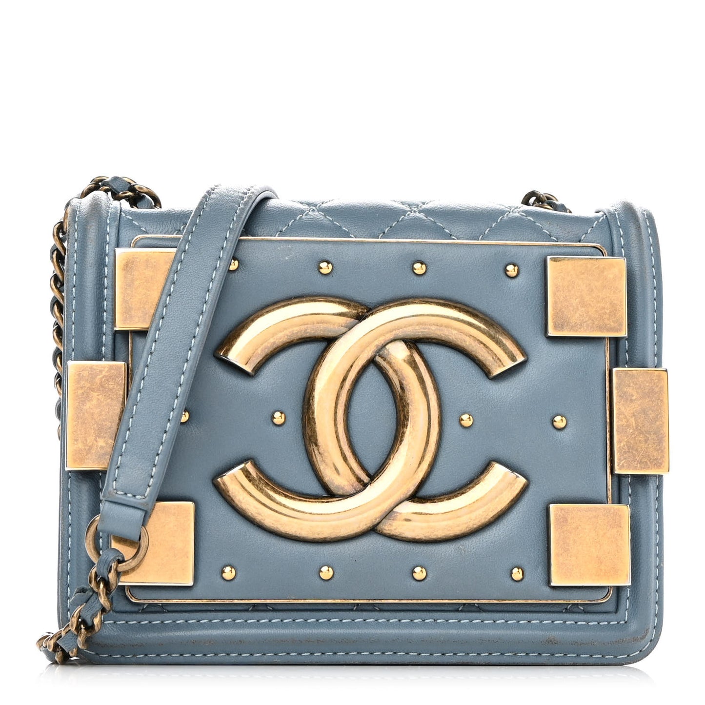 Lambskin Quilted Studded Boy Brick Flap Light Blue