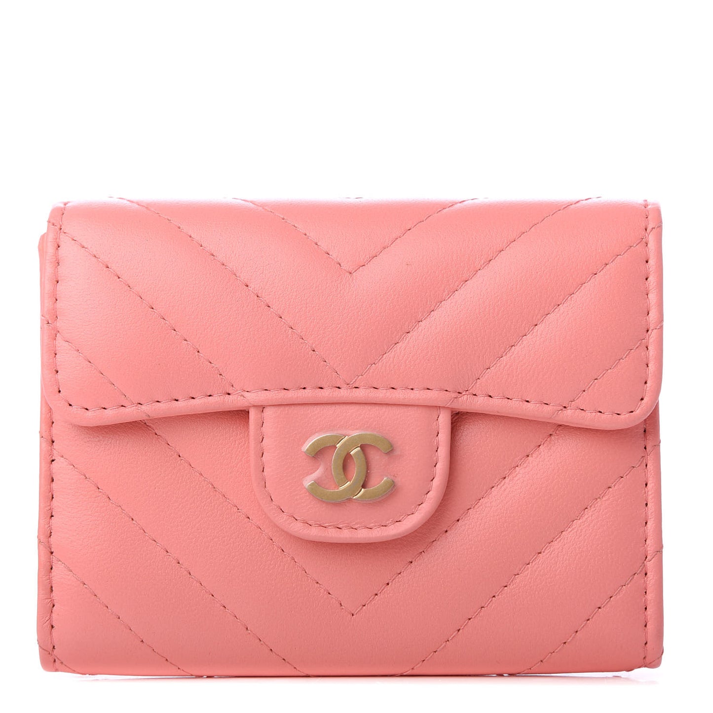 Lambskin Chevron Quilted Flap Card Holder Wallet Coral