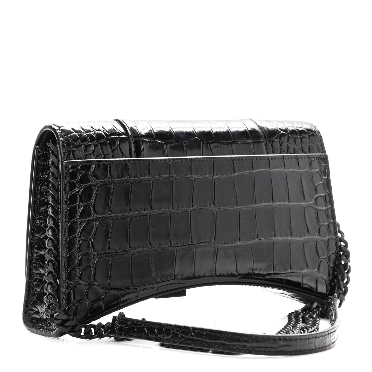 Shiny Calfskin Monochrome Crocodile Embossed Small Hourglass Evening Chain Bag Black
