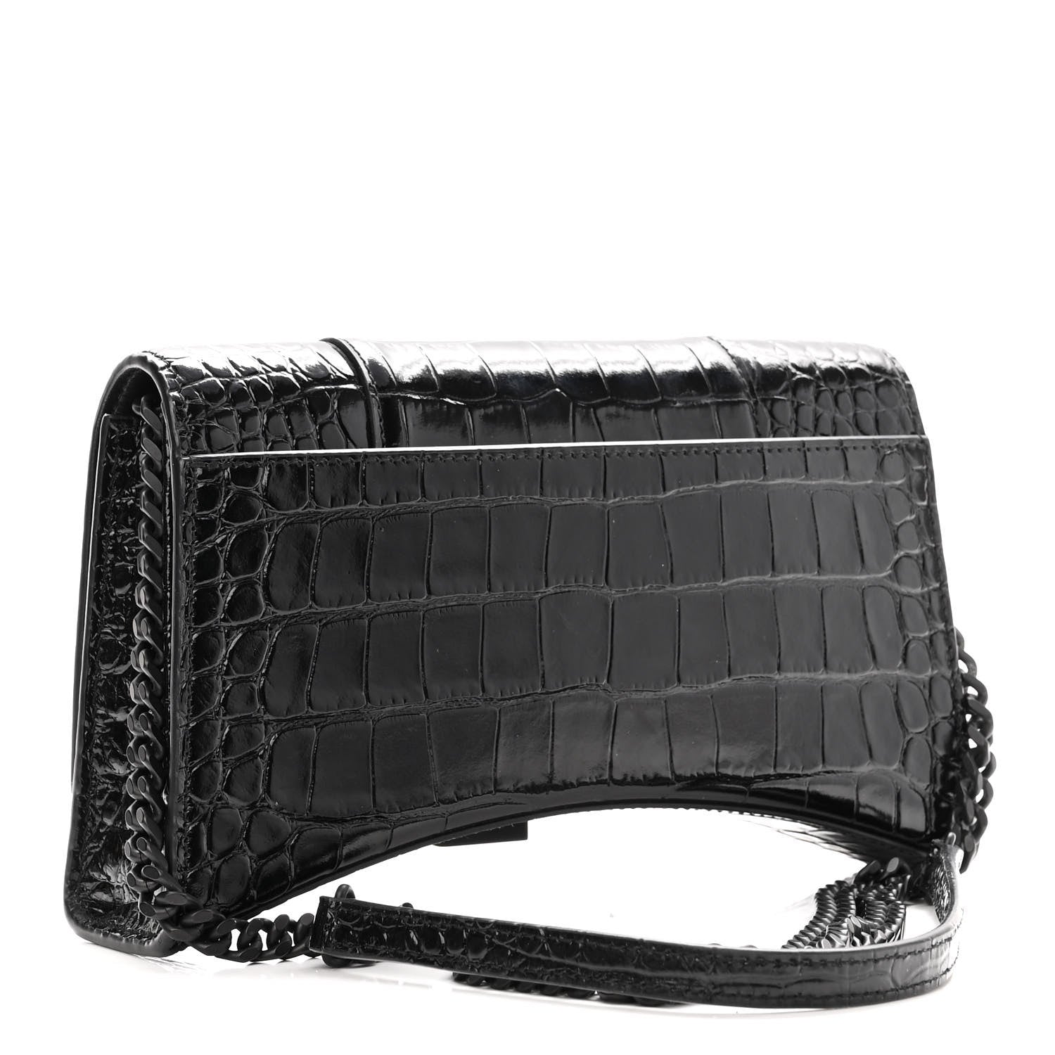 Balenciaga Shiny Calfskin Monochrome Crocodile Embossed Small Hourglass Evening Chain Bag Black 2 of 9