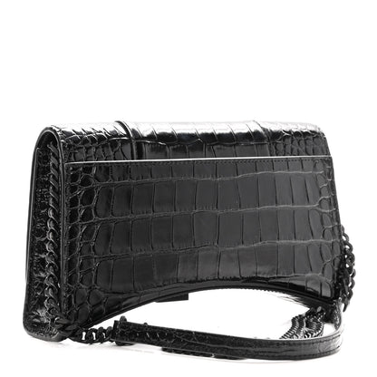 Balenciaga Shiny Calfskin Monochrome Crocodile Embossed Small Hourglass Evening Chain Bag Black 2 of 9