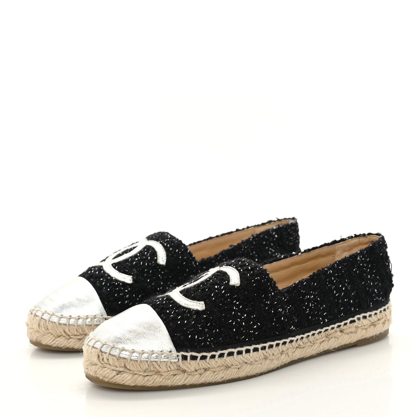 Metallic Lambskin Tweed CC Espadrilles 39 Black Silver