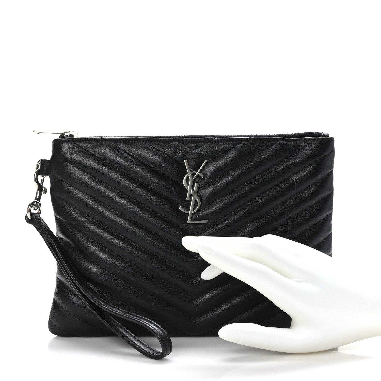 Saint Laurent Calfskin Matelasse Chevron Monogram A5 Wristlet Black 2 of 10