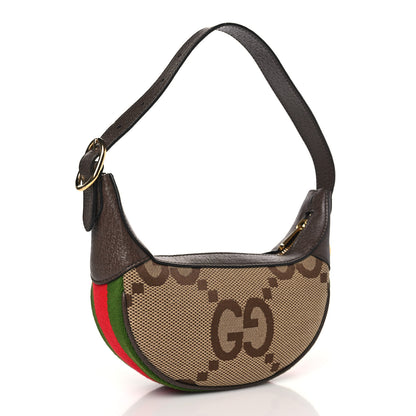 Gucci Monogram Jumbo GG Textured Dollar Calfskin Web Mini Ophidia Half Moon Hobo Camel Ebony New Acero 3 of 8