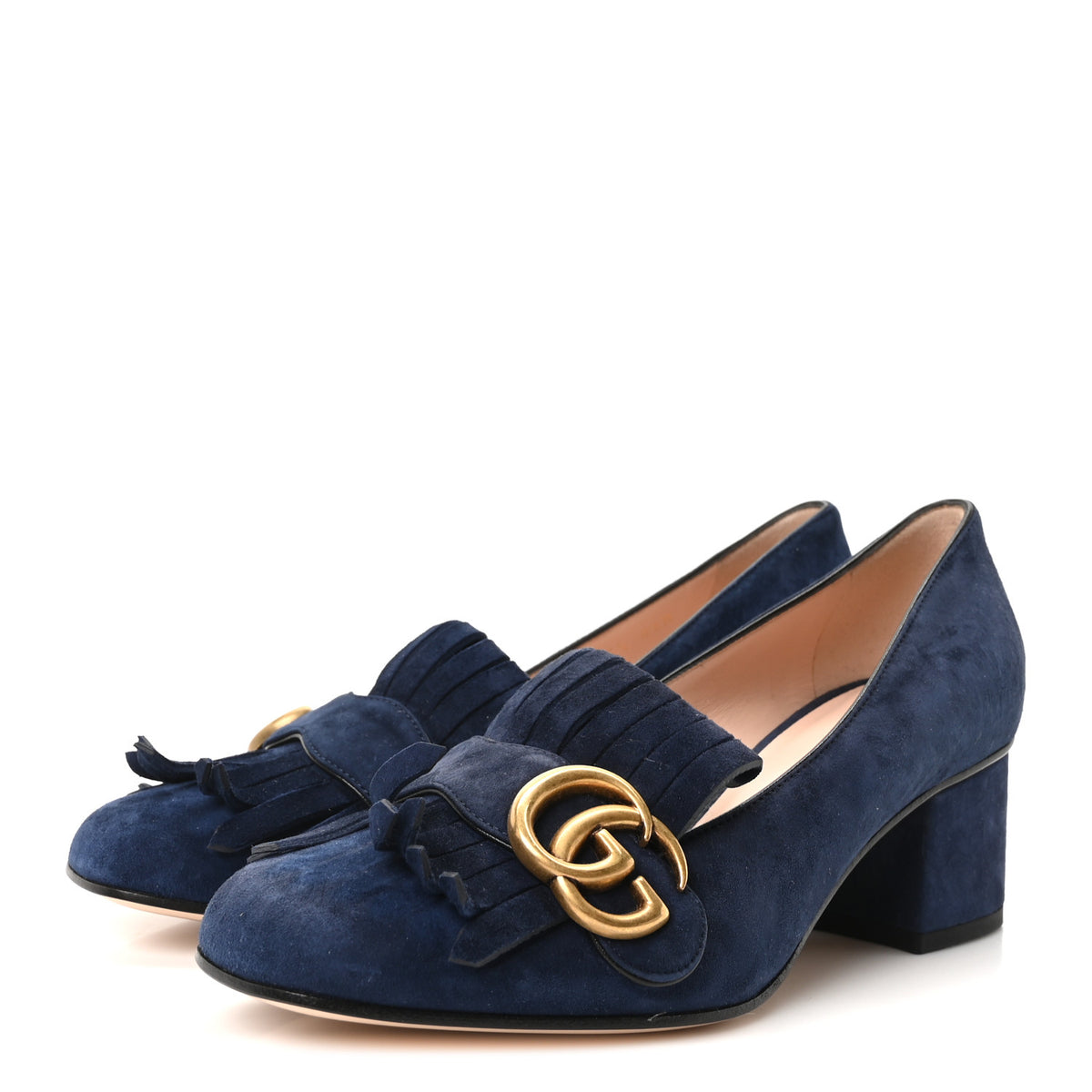 Kid Scamosciato GG Marmont Fringe 50mm Loafer Pumps 36.5 Blue Ink