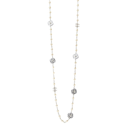 Chanel Pearl Resin Camellia CC Long Necklace Gold Pearly White 1 of 4