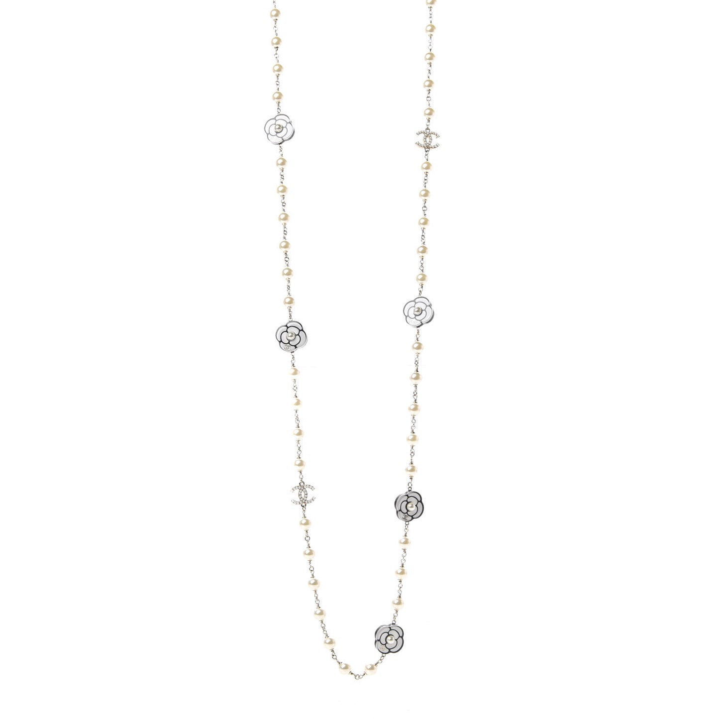 Pearl Resin Camellia CC Long Necklace Gold Pearly White