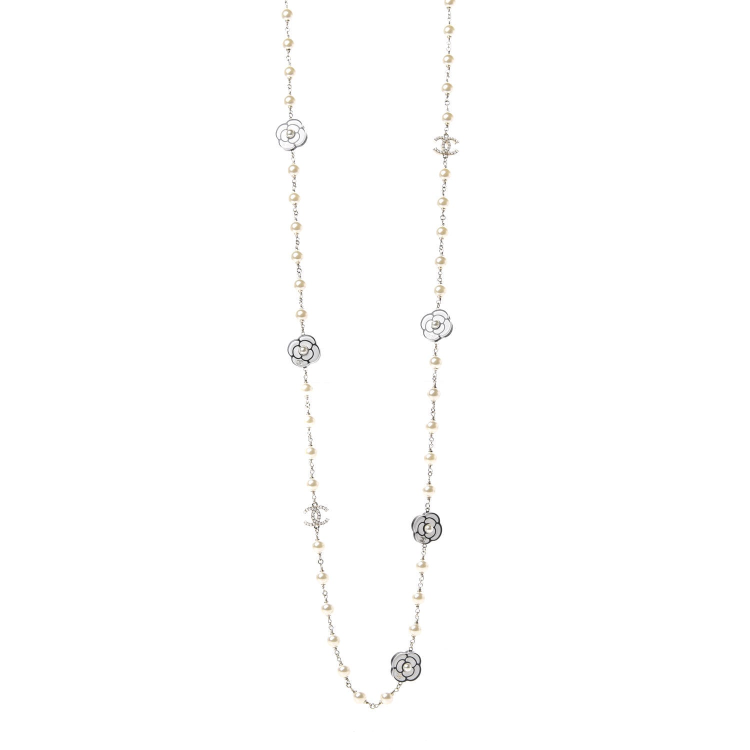 Chanel Pearl Resin Camellia CC Long Necklace Gold Pearly White 1 of 4