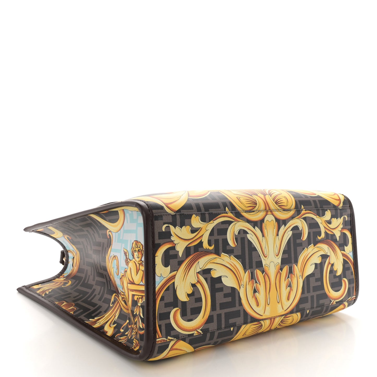 X VERSACE Calfskin Plexiglass Fendace FF Baroque Print Medium Fendi Sunshine Shopper Tote Gold Multicolor