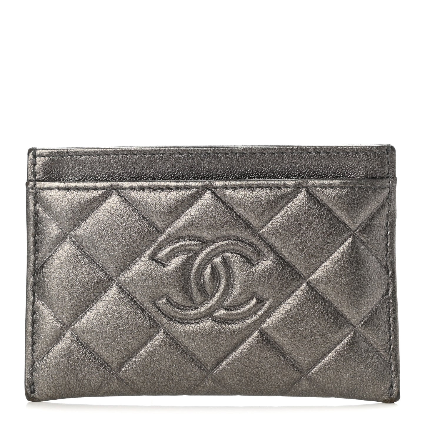 Metallic Calfskin Quilted Diamond CC Card Holder Pewter