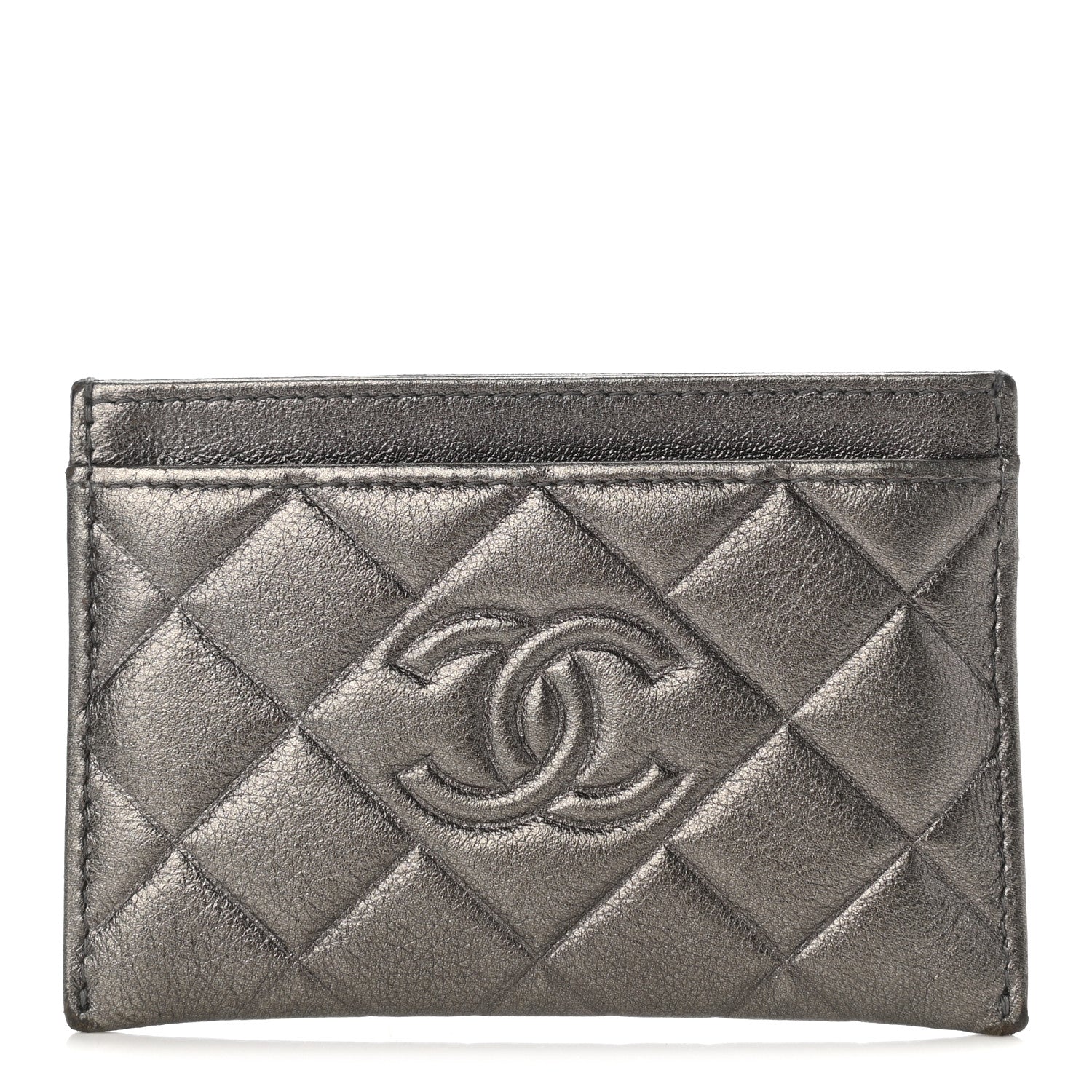 Chanel Metallic Calfskin Quilted Diamond CC Card Holder Pewter 1 of 9