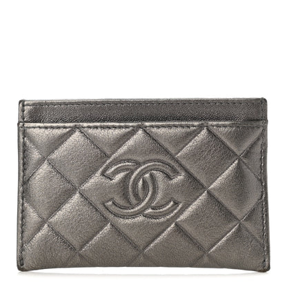 Chanel Metallic Calfskin Quilted Diamond CC Card Holder Pewter 1 of 9