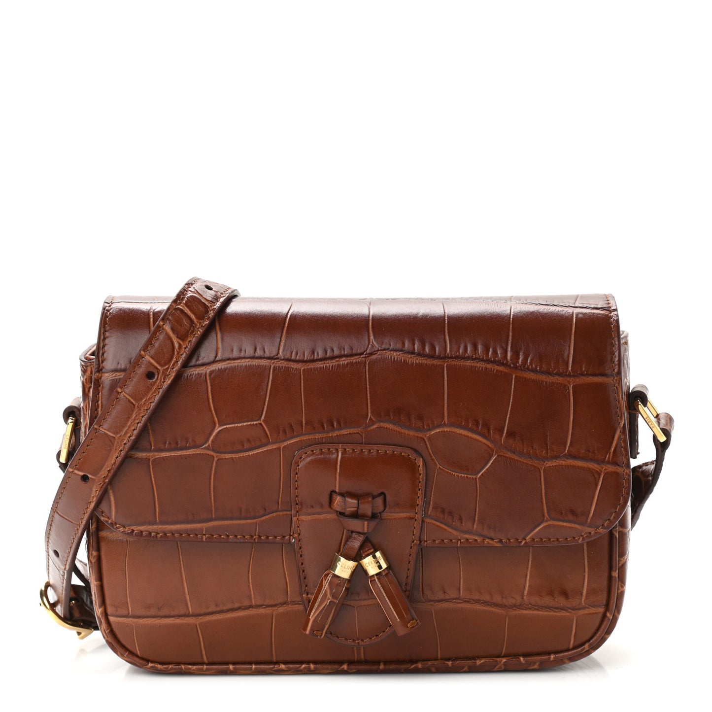 Calfskin Crocodile Embossed Medium Tassel Bag Tan