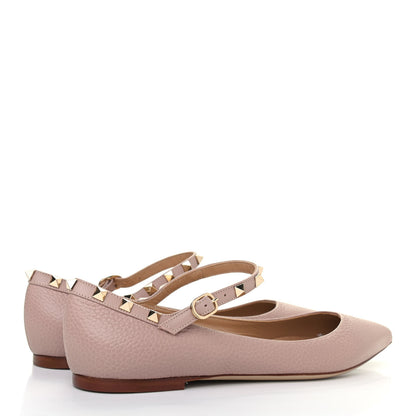 Valentino Garavani Pebbled Calfskin Rockstud Ankle Strap Ballerina Flats 39.5 Poudre 3 of 4